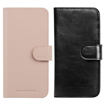Magnet Pung+ cover til iPhone 15 i lyserød og sort med trykknap-lukning og præget logo.