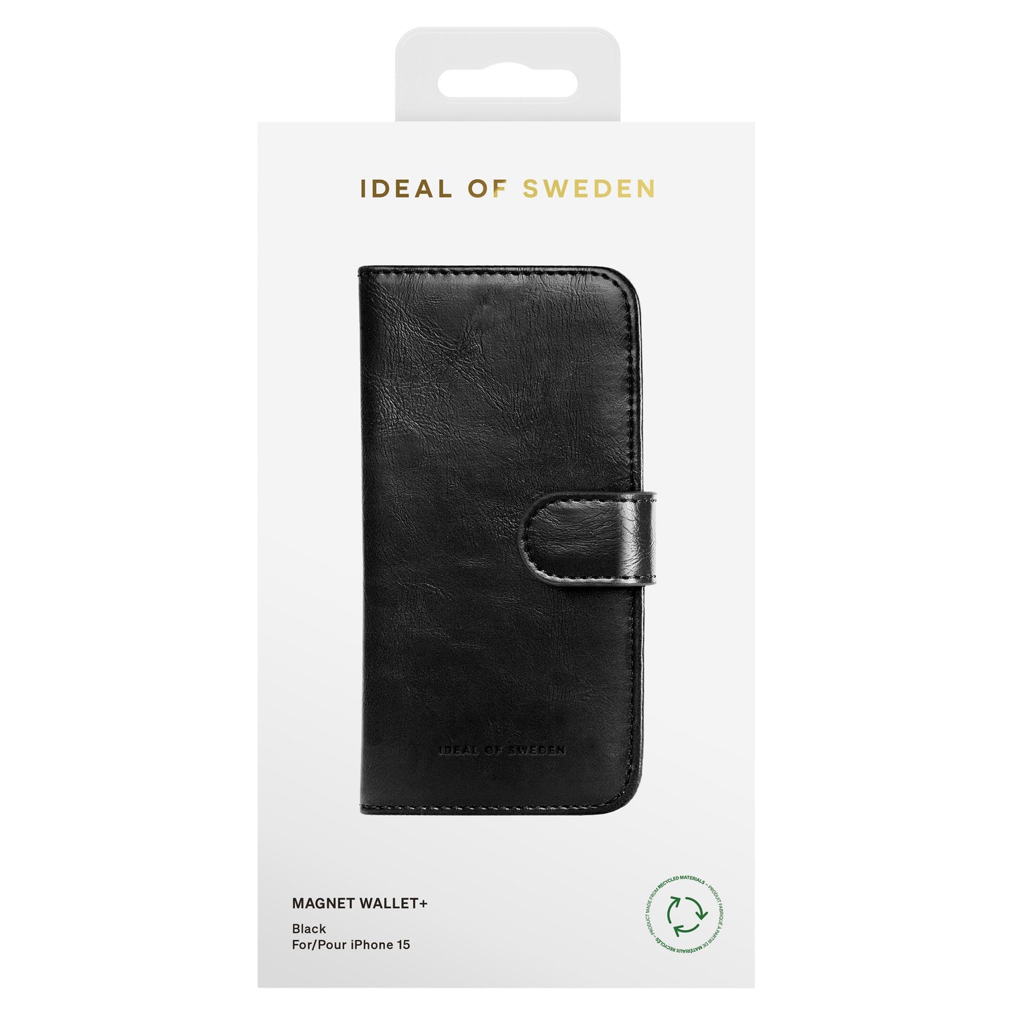 IDEAL OF SWEDEN Magnet Pung+ til iPhone 15 sort med magnetisk flap, vist i emballage.