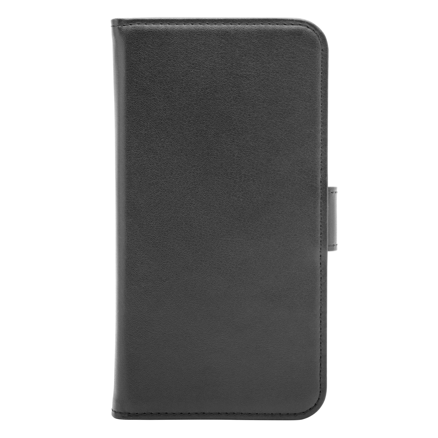 Linocell mobilpung i sort PU-læder til iPhone 11 med magnetisk flap, fuldt lukket og oprejst.