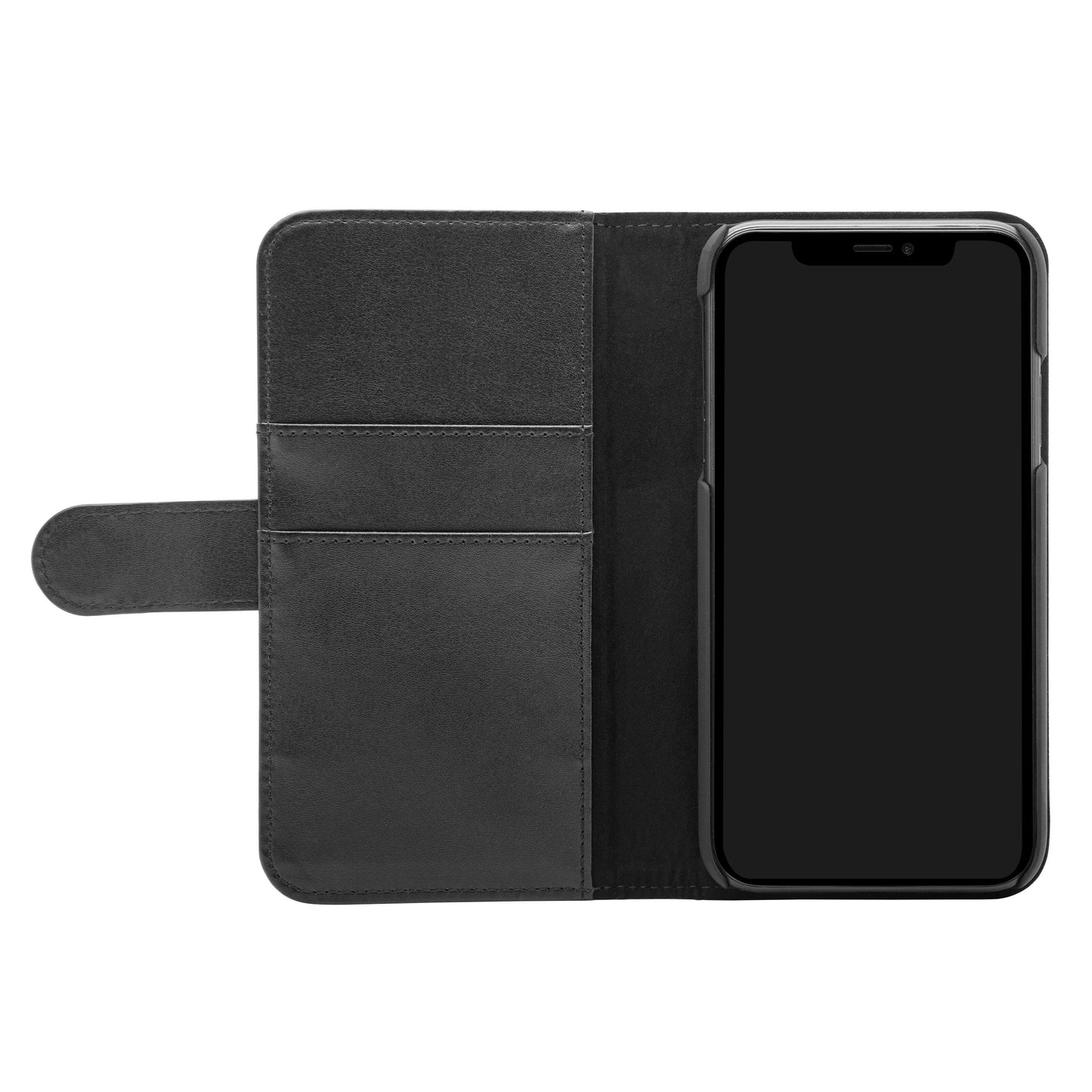 Linocell mobilpung til iPhone 11 sort PU-læder med to kortlommer venstre, plads til telefon højre.