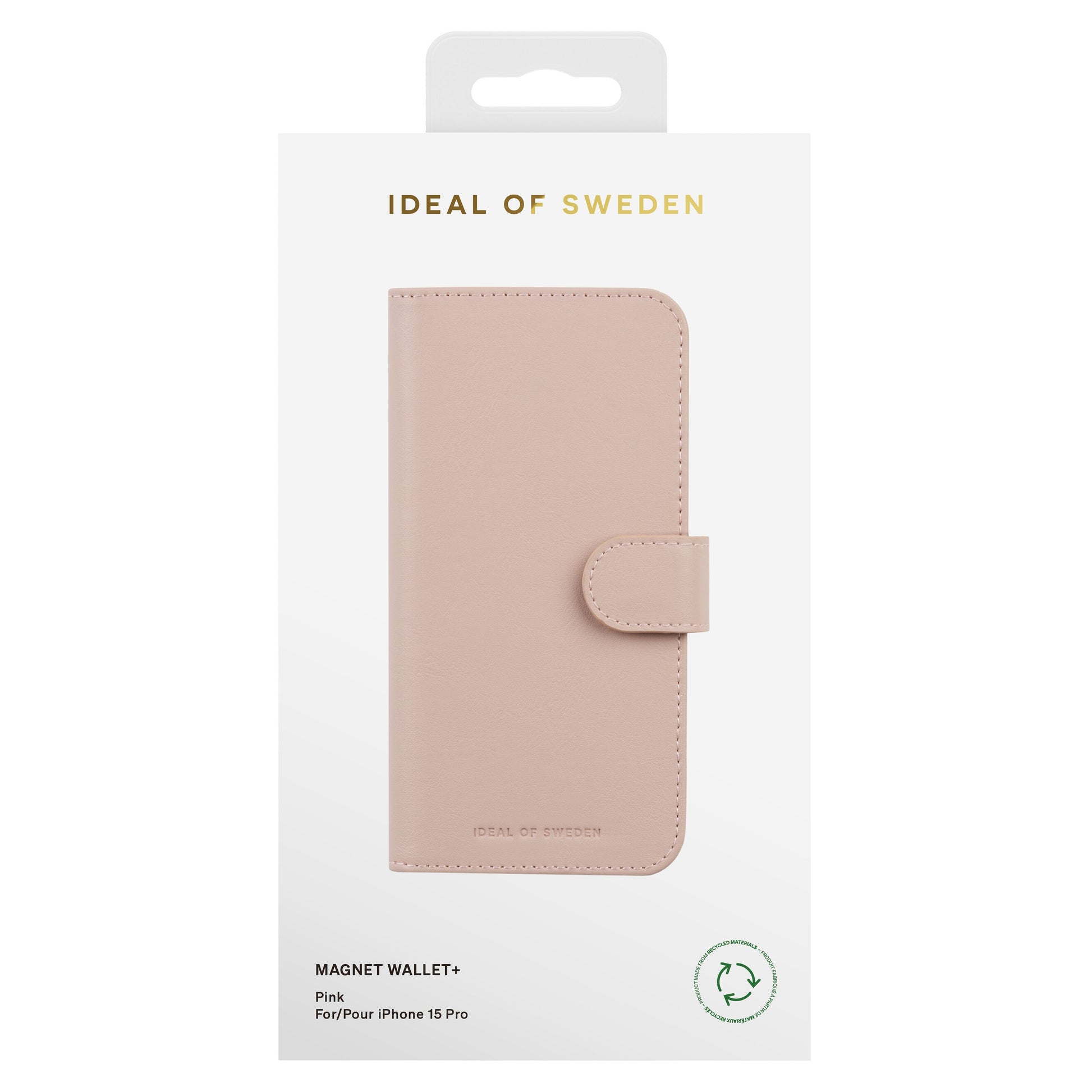 IDEAL OF SWEDEN Magnet Pung+ til iPhone 15 Pro Lyserød i retail æske med hvid, guld og sort label, wallet design.
