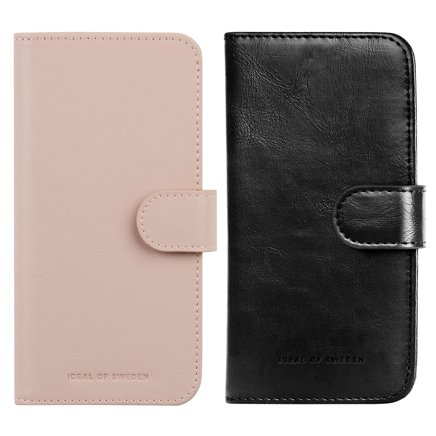 IDEAL OF SWEDEN magnetisk etui til iPhone 15 Pro i lyserød og sort med flaplukning, kortholder, præget logo.