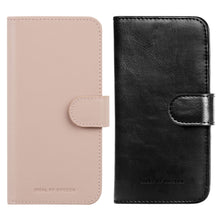 IDEAL OF SWEDEN magnetisk etui til iPhone 15 Pro i lyserød og sort med flaplukning, kortholder, præget logo.
