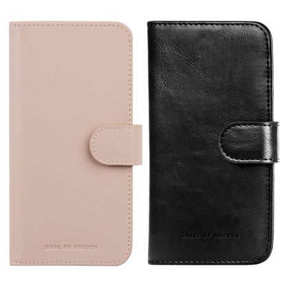IDEAL OF SWEDEN magnetisk etui til iPhone 15 Pro i lyserød og sort med flaplukning, kortholder, præget logo.