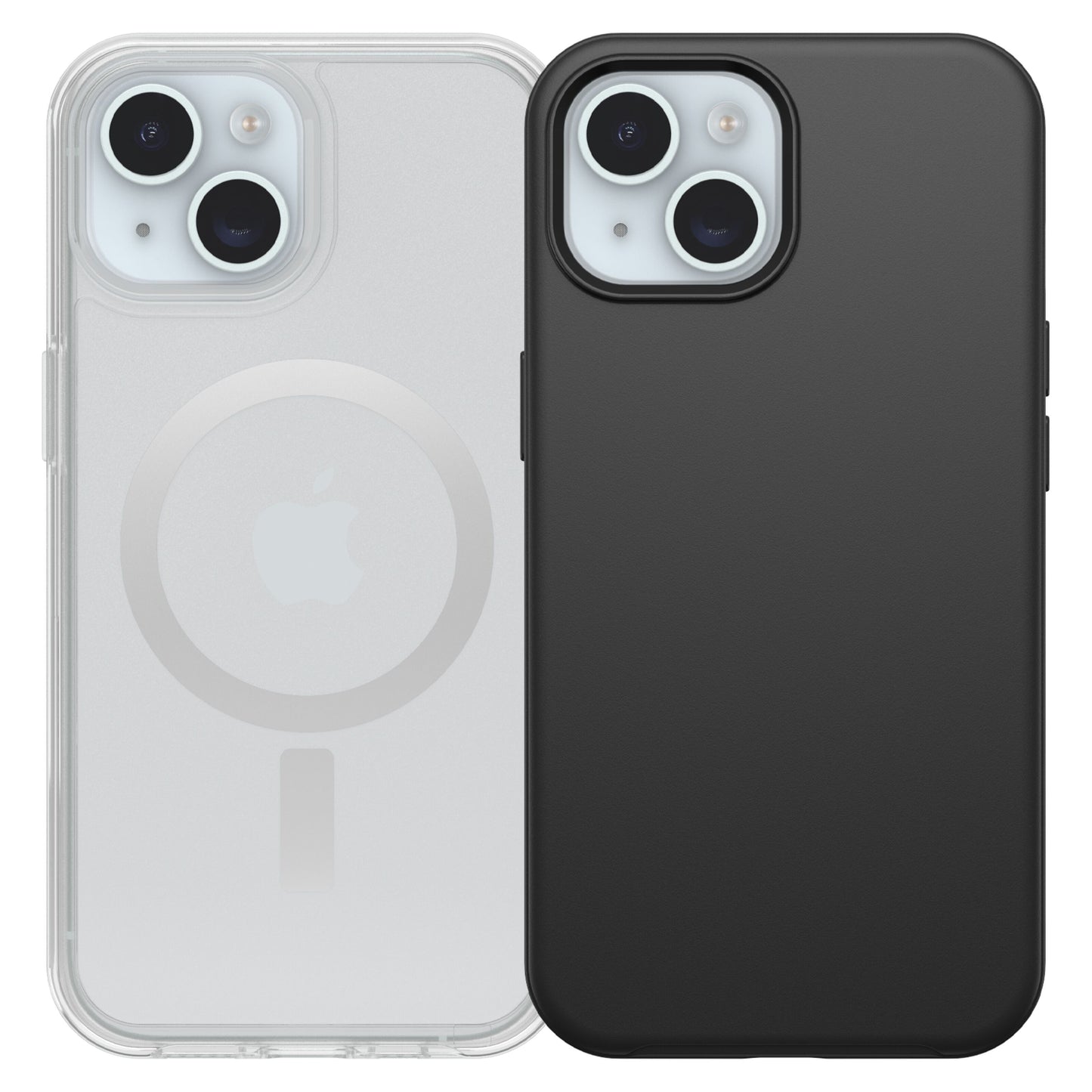 To iPhones med bagsiden frem: én i sort Otterbox Symmetry MagSafe cover til iPhone 13/14/15, én med sort standardcover.