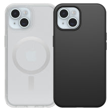 To iPhones med bagsiden frem: én i sort Otterbox Symmetry MagSafe cover til iPhone 13/14/15, én med sort standardcover.