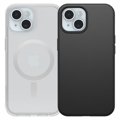To iPhones med bagsiden frem: én i sort Otterbox Symmetry MagSafe cover til iPhone 13/14/15, én med sort standardcover.