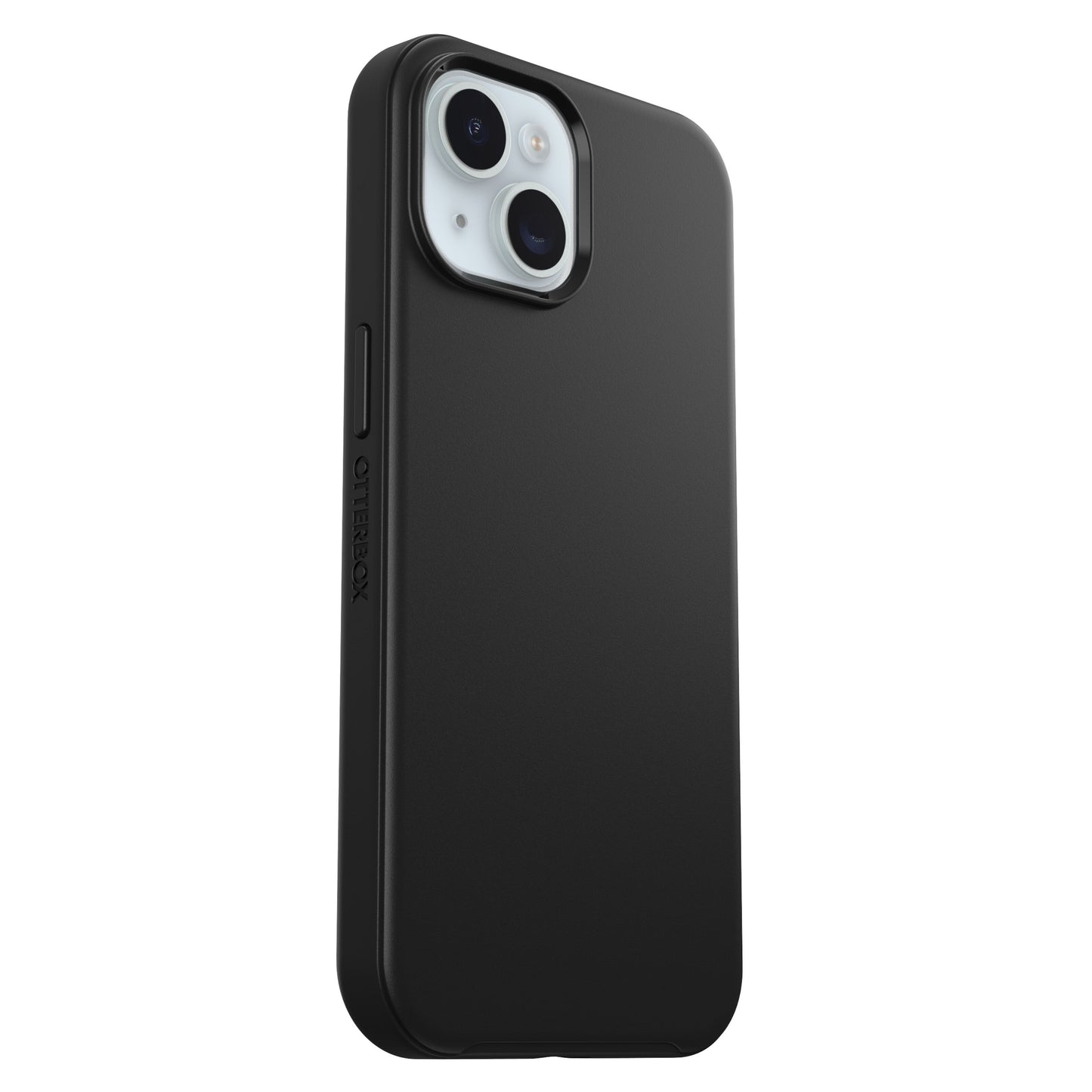 Otterbox Symmetry MagSafe-cover til iPhone 13/14/15 sort, tekstureret finish, hævet kamerabump, bagfra højre vinkel.