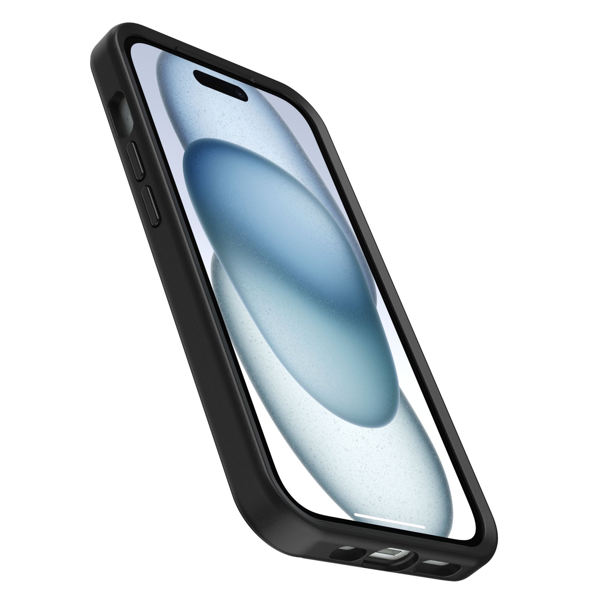 Otterbox Symmetry MagSafe cover sort til iPhone 13/14/15, set fra lav vinkel med sideknapper, ladeport og trådløs opladning.