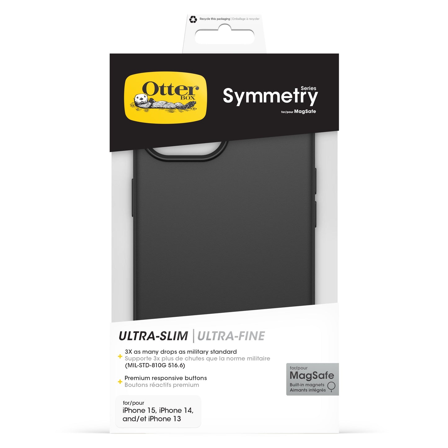 Otterbox Symmetry MagSafe cover til iPhone 13, 14, 15 sort, trådløs opladning, ultra-slim profil i detailæske.