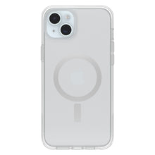 Symmetry MagSafe cover til iPhone 14 Plus/15 Plus, gennemsigtig, viser Apple-logo og MagSafe-ring, passer til dobbelt kamera.