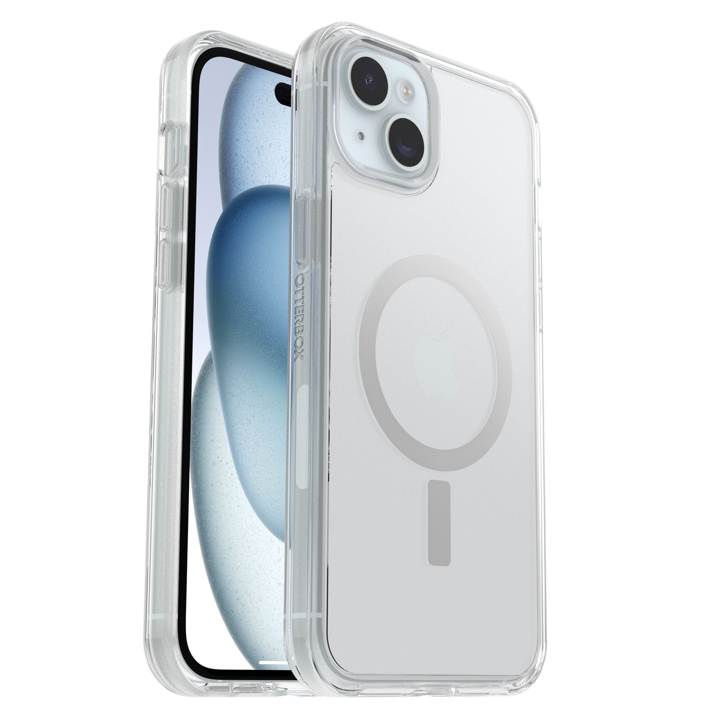 Otterbox Symmetry MagSafe cover til iPhone 14 Plus/15 Plus, gennemsigtigt med synlig MagSafe-ring, dobbelt kamera.