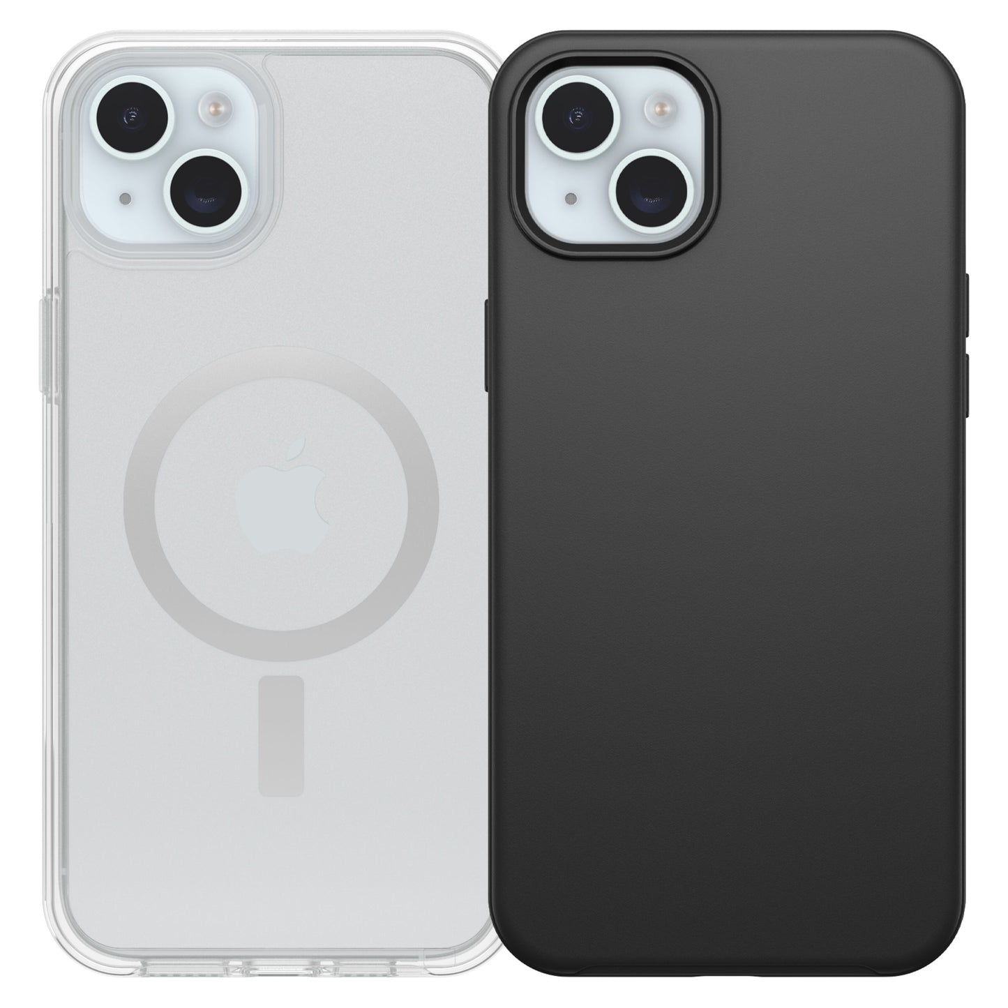 IPhone 14 Plus/15 Plus med gennemsigtigt MagSafe-cover og synlig ring, ved siden af model med sort cover, begge dual kamera.