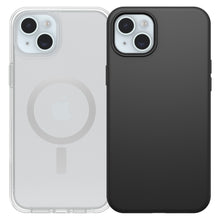 IPhone 14 Plus/15 Plus med gennemsigtigt MagSafe-cover og synlig ring, ved siden af model med sort cover, begge dual kamera.