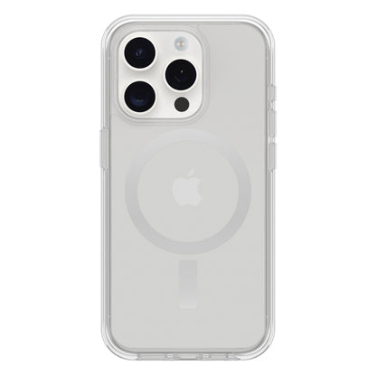 Otterbox Symmetry MagSafe cover klar til iPhone 15 Pro, Apple-logo og magnetkontur synlige gennem gennemsigtigt cover.