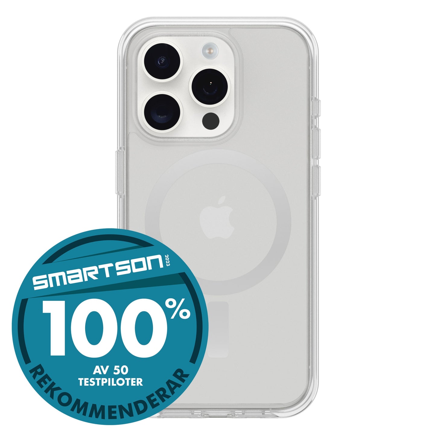 Otterbox Symmetry Magsafe cover til iPhone 15 Pro Klar med synlig MagSafe-ring og blå SMARTSON-badge med tekst.