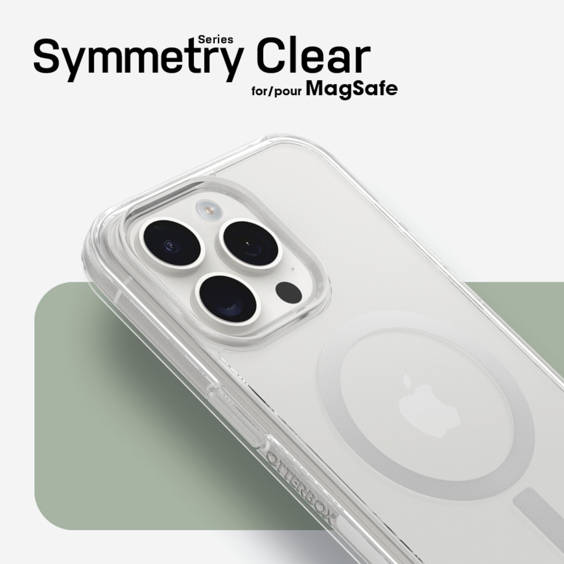 Otterbox Symmetry MagSafe cover til iPhone 15 Pro, klar, vises på telefon med kameraklip og synlig MagSafe-ring.