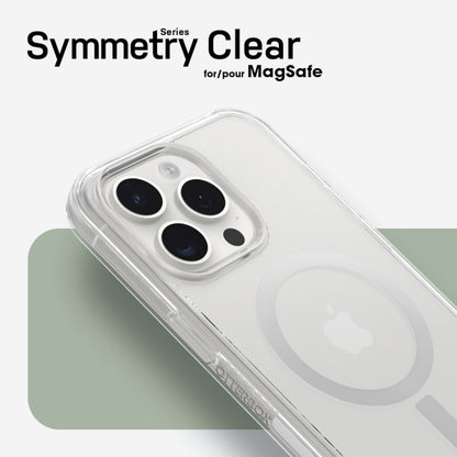 Otterbox Symmetry MagSafe cover til iPhone 15 Pro, klar, vises på telefon med kameraklip og synlig MagSafe-ring.