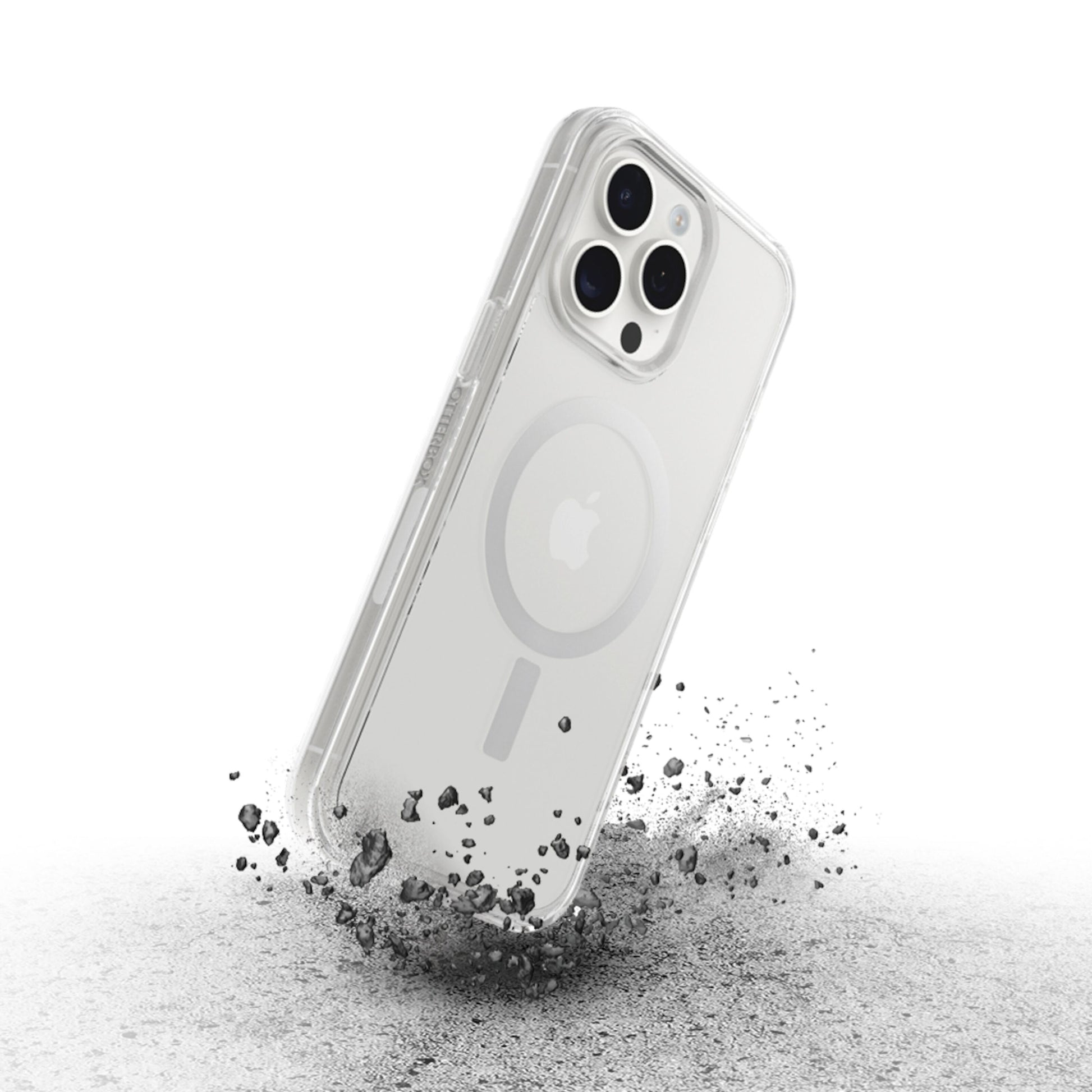 Otterbox Symmetry MagSafe cover til iPhone 15 Pro klar, beskytter ved stød mod ru underlag, synlig støv og snavs.