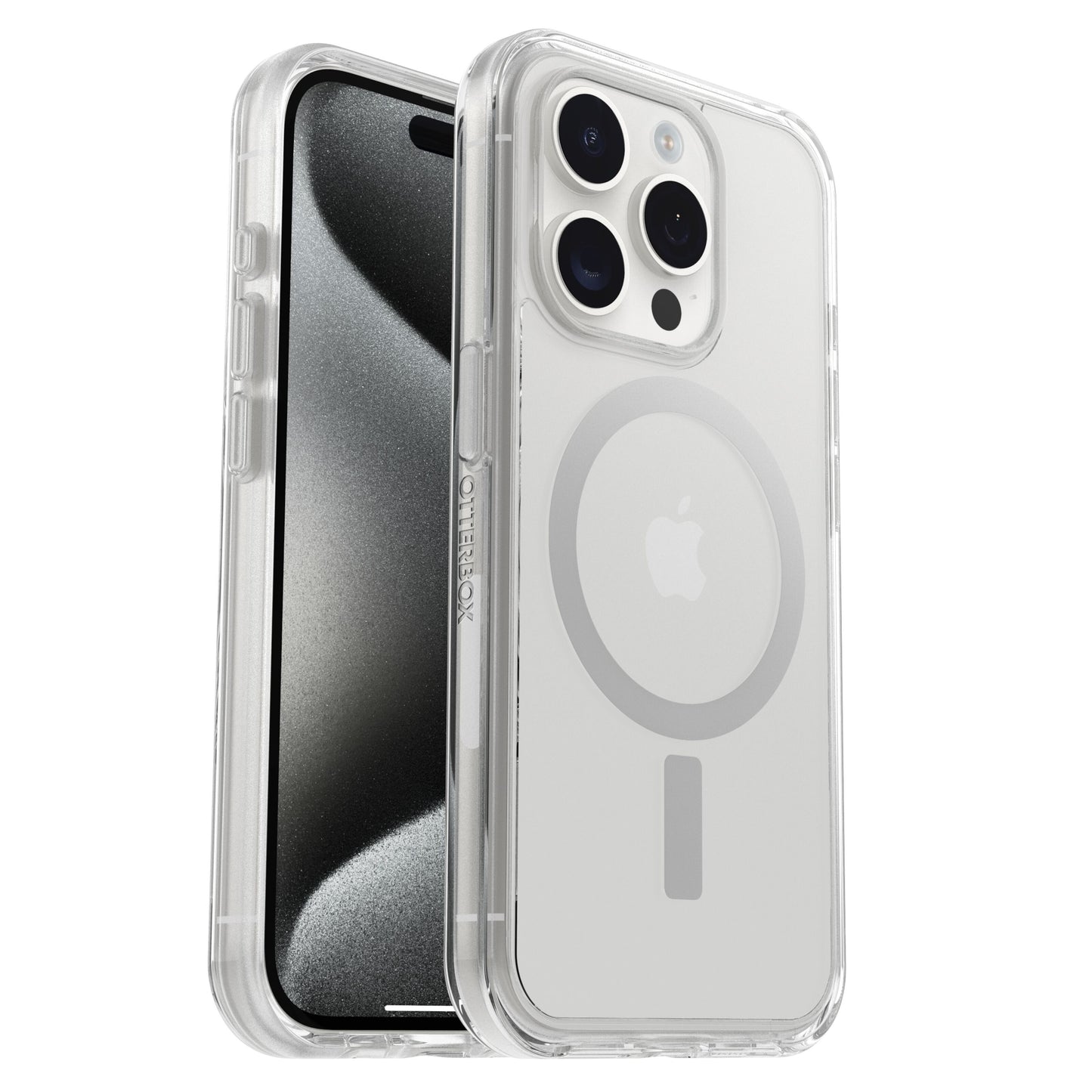 Otterbox Symmetry MagSafe cover til iPhone 15 Pro klar, gennemsigtigt med synligt Apple-logo og MagSafe-ring bagpå.