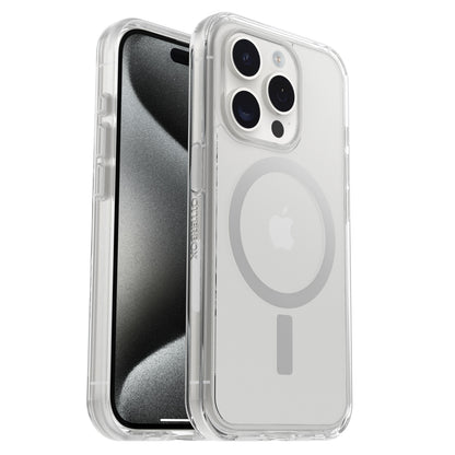 Otterbox Symmetry MagSafe cover til iPhone 15 Pro klar, gennemsigtigt med synligt Apple-logo og MagSafe-ring bagpå.