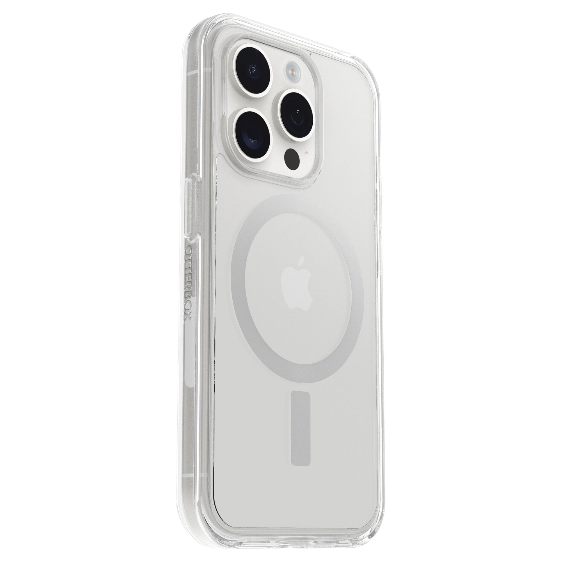 Otterbox Symmetry MagSafe cover til iPhone 15 Pro klar med MagSafe-ring og synligt Apple-logo.