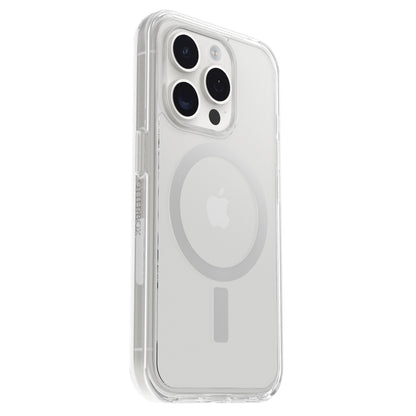 Otterbox Symmetry MagSafe cover til iPhone 15 Pro klar med MagSafe-ring og synligt Apple-logo.