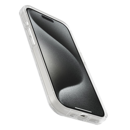 IPhone 15 Pro i gennemsigtigt Otterbox Symmetry MagSafe-cover, sort skærm synlig, vist fra vinkel.