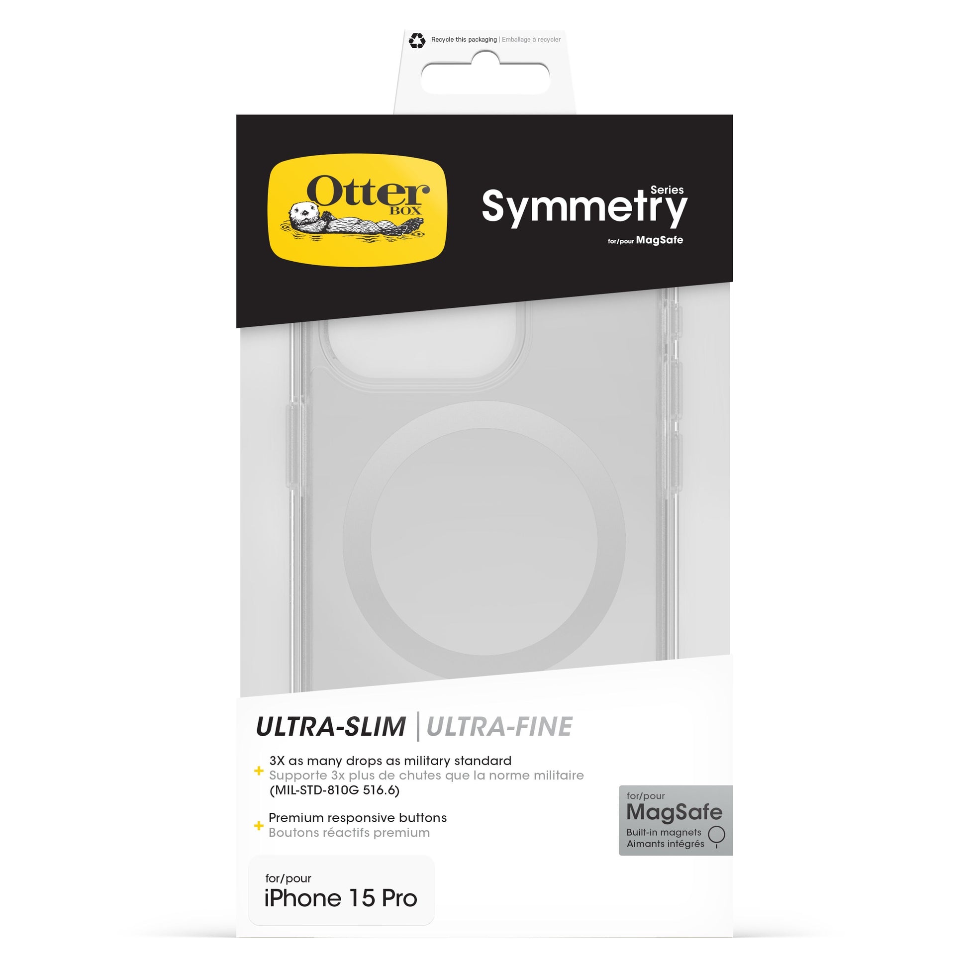 Otterbox Symmetry MagSafe cover til iPhone 15 Pro klar med MagSafe og militær dropbeskyttelse.
