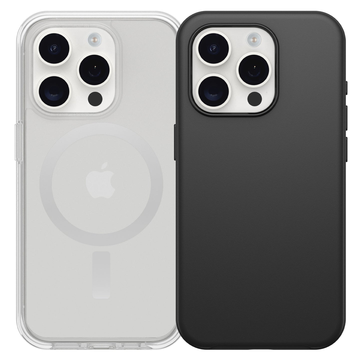 IPhone 15 Pro med gennemsigtigt MagSafe-cover, Apple-logo og ring synlige, ved siden af sort cover, begge med triple kamera.