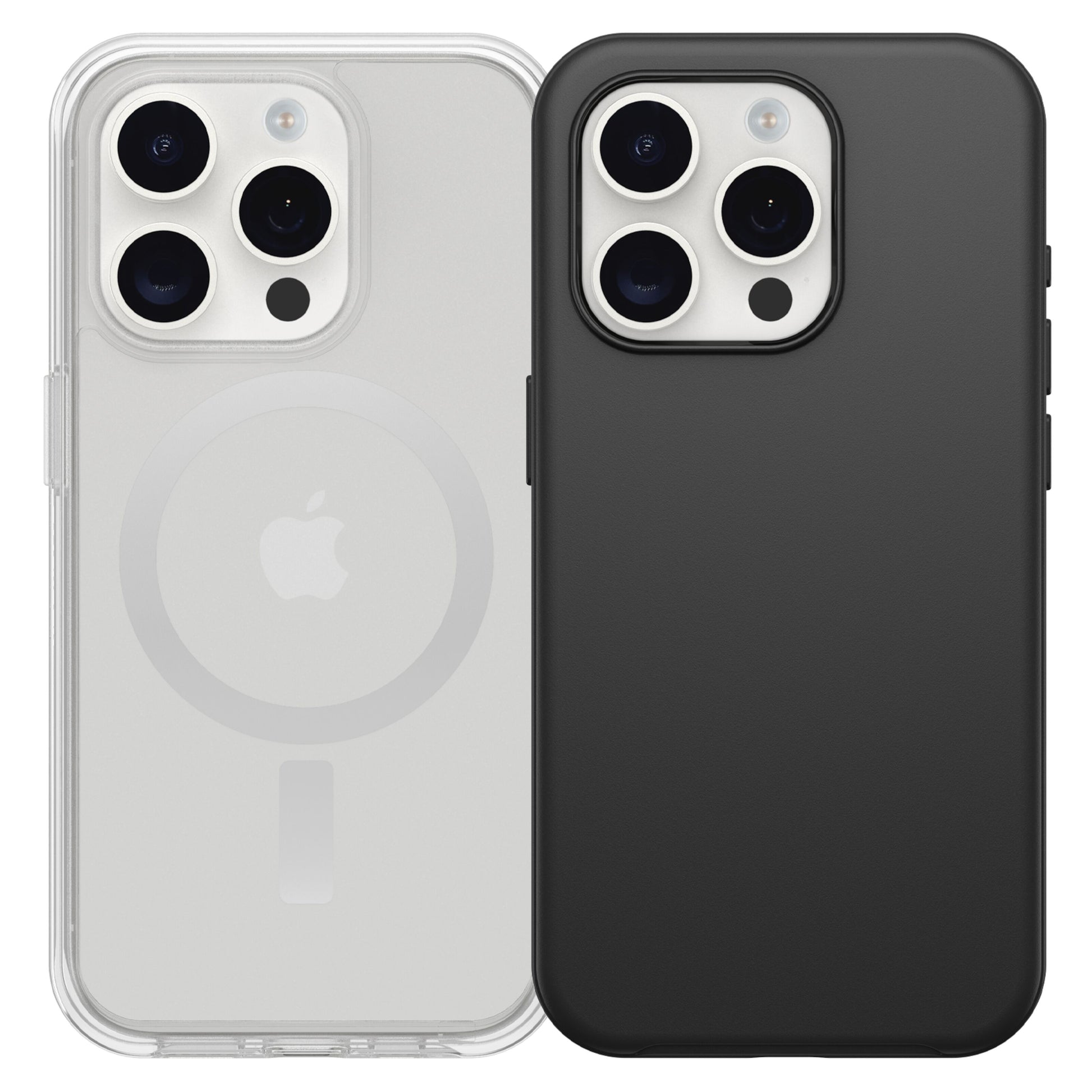 IPhone 15 Pro med gennemsigtigt MagSafe-cover, Apple-logo og ring synlige, ved siden af sort cover, begge med triple kamera.