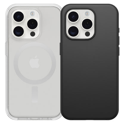 IPhone 15 Pro med gennemsigtigt MagSafe-cover, Apple-logo og ring synlige, ved siden af sort cover, begge med triple kamera.