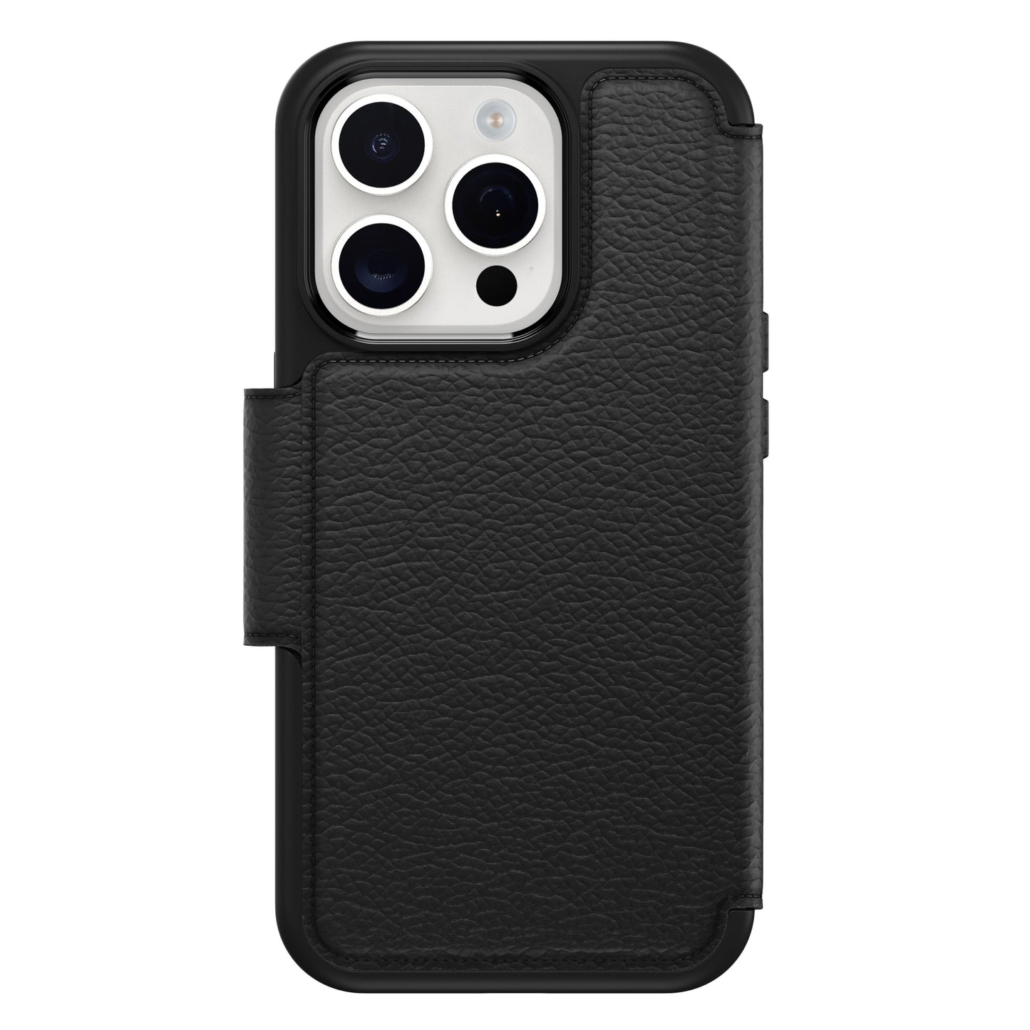 Otterbox Strada Magsafe lædercover til iPhone 15 Pro sort med flipdesign og udsnit til kamera.