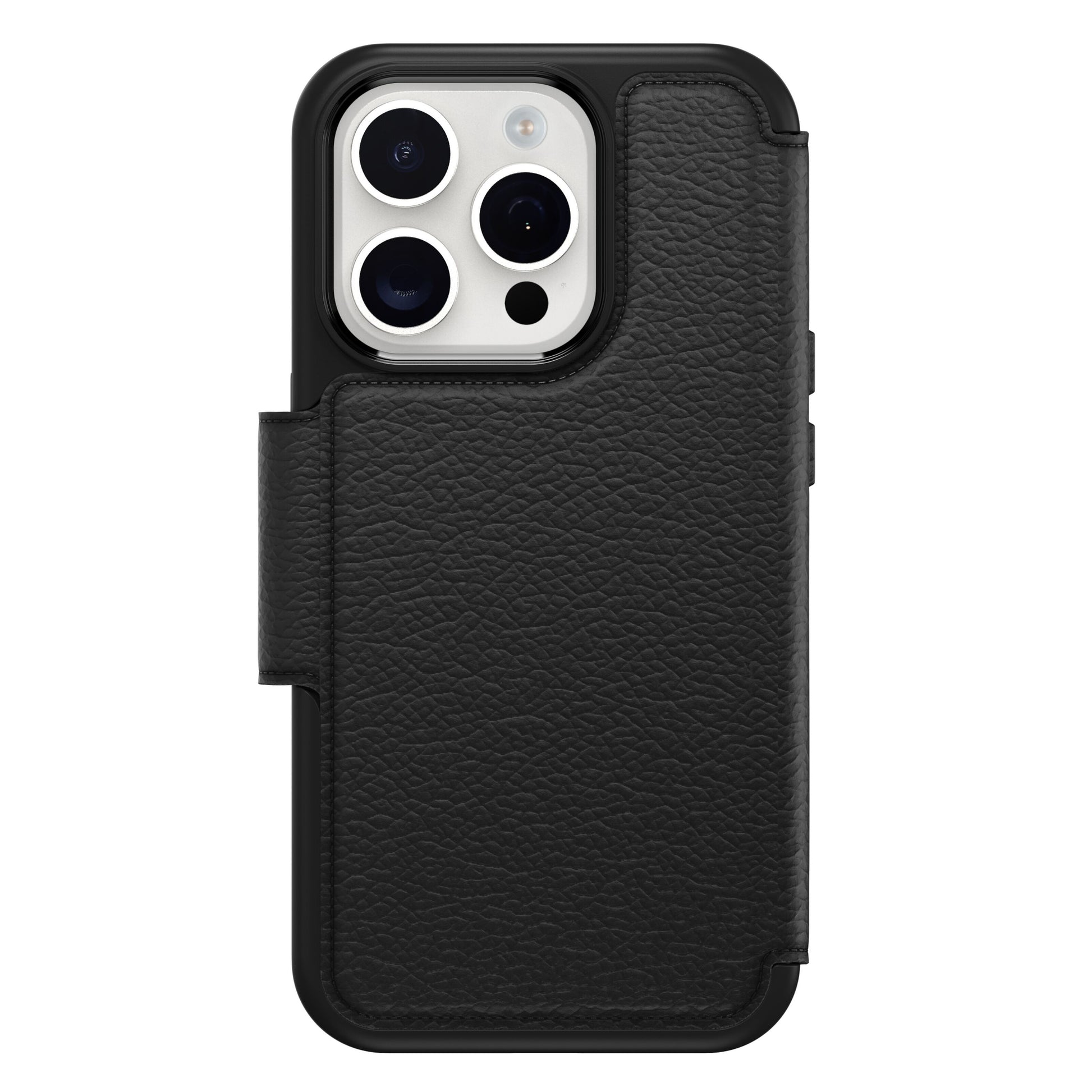 Otterbox Strada Magsafe lædercover til iPhone 15 Pro sort med flipdesign og udsnit til kamera.