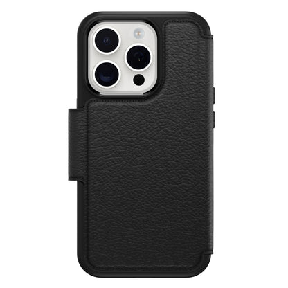 Otterbox Strada Magsafe lædercover til iPhone 15 Pro sort med flipdesign og udsnit til kamera.
