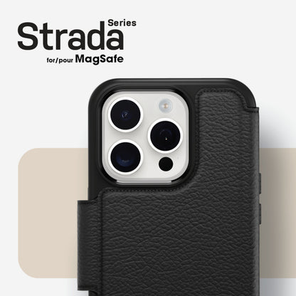 Otterbox Strada Series MagSafe lædercover til iPhone 15 Pro sort, synlig kameraudskæring og sideknapper, produktnavn øverst.
