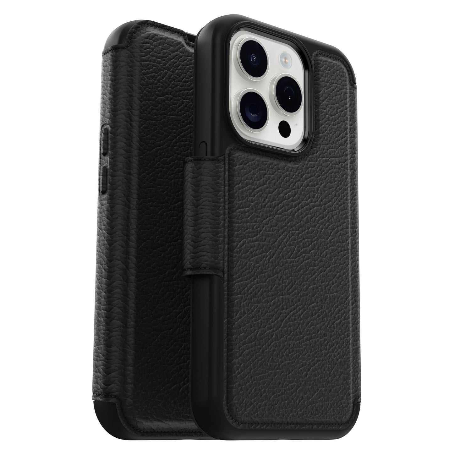 Otterbox Strada MagSafe cover til iPhone 15 Pro sort læder med flap, delvist åben viser kamera, sideknapper, MagSafe.