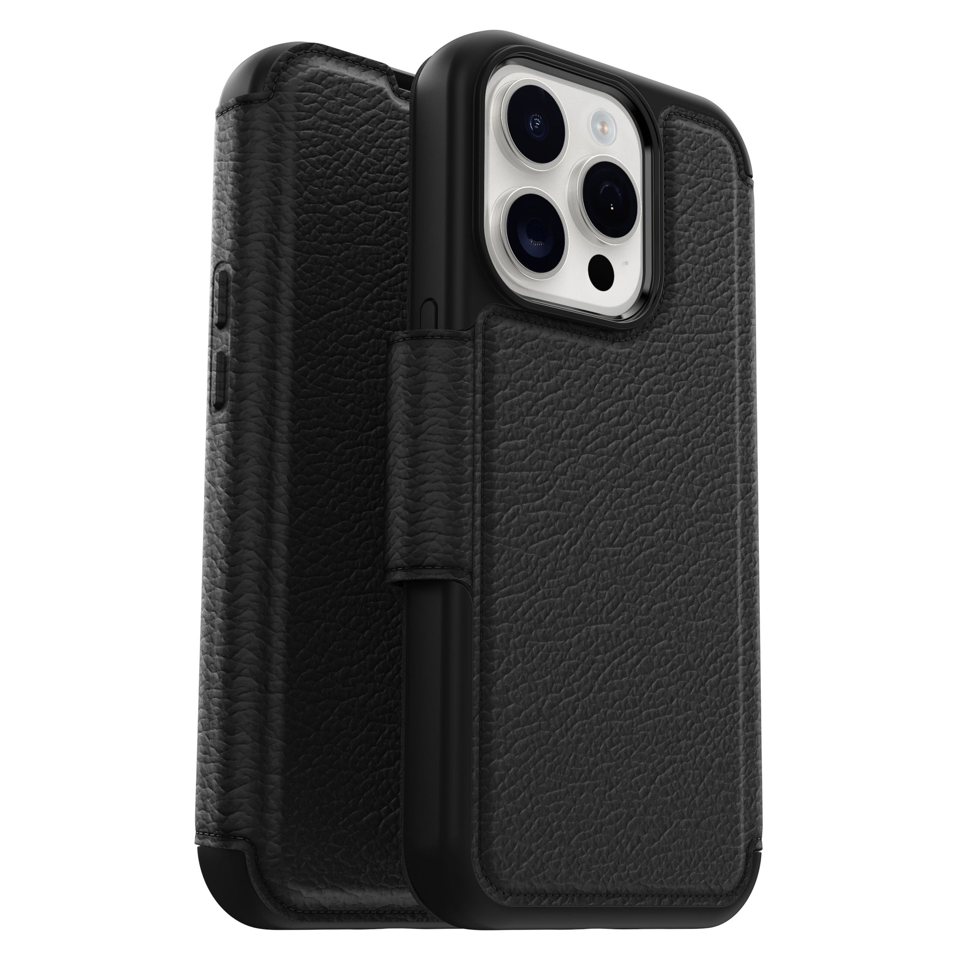 Otterbox Strada MagSafe cover til iPhone 15 Pro sort læder med flap, delvist åben viser kamera, sideknapper, MagSafe.