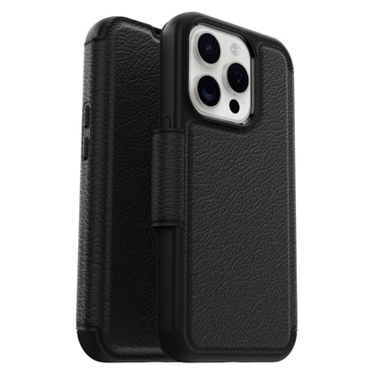 Otterbox Strada MagSafe cover til iPhone 15 Pro sort læder med flap, delvist åben viser kamera, sideknapper, MagSafe.