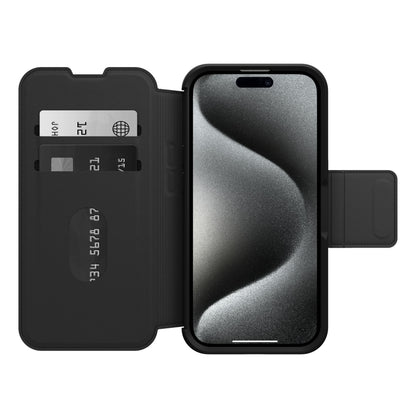 Otterbox Strada Magsafe iPhone 15 Pro sort pungcover til telefon og max 3 kort inkl chipkort, kortholder venstre side.