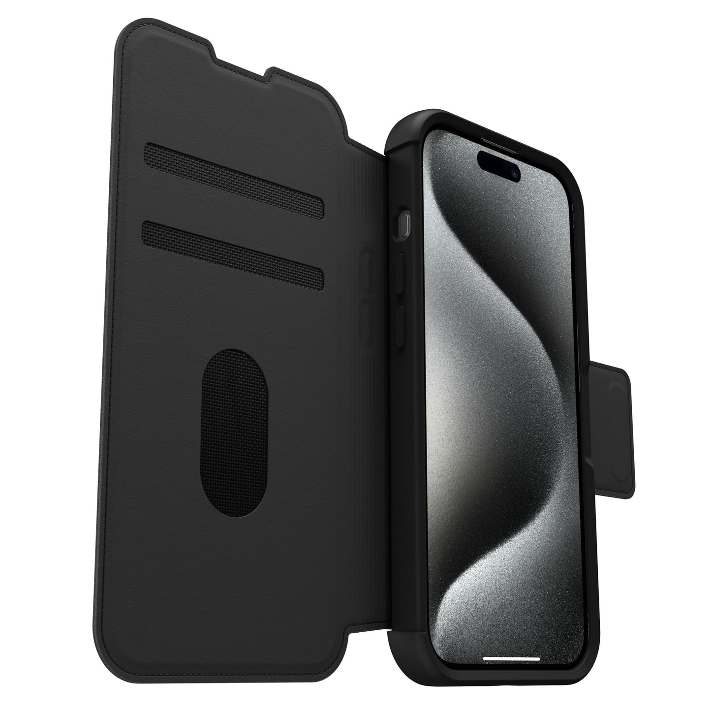 Sort Otterbox Strada med MagSafe til iPhone 15 Pro, to kortlommer, stor oval udskæring, sort-grå bølgemønster på skærmen.