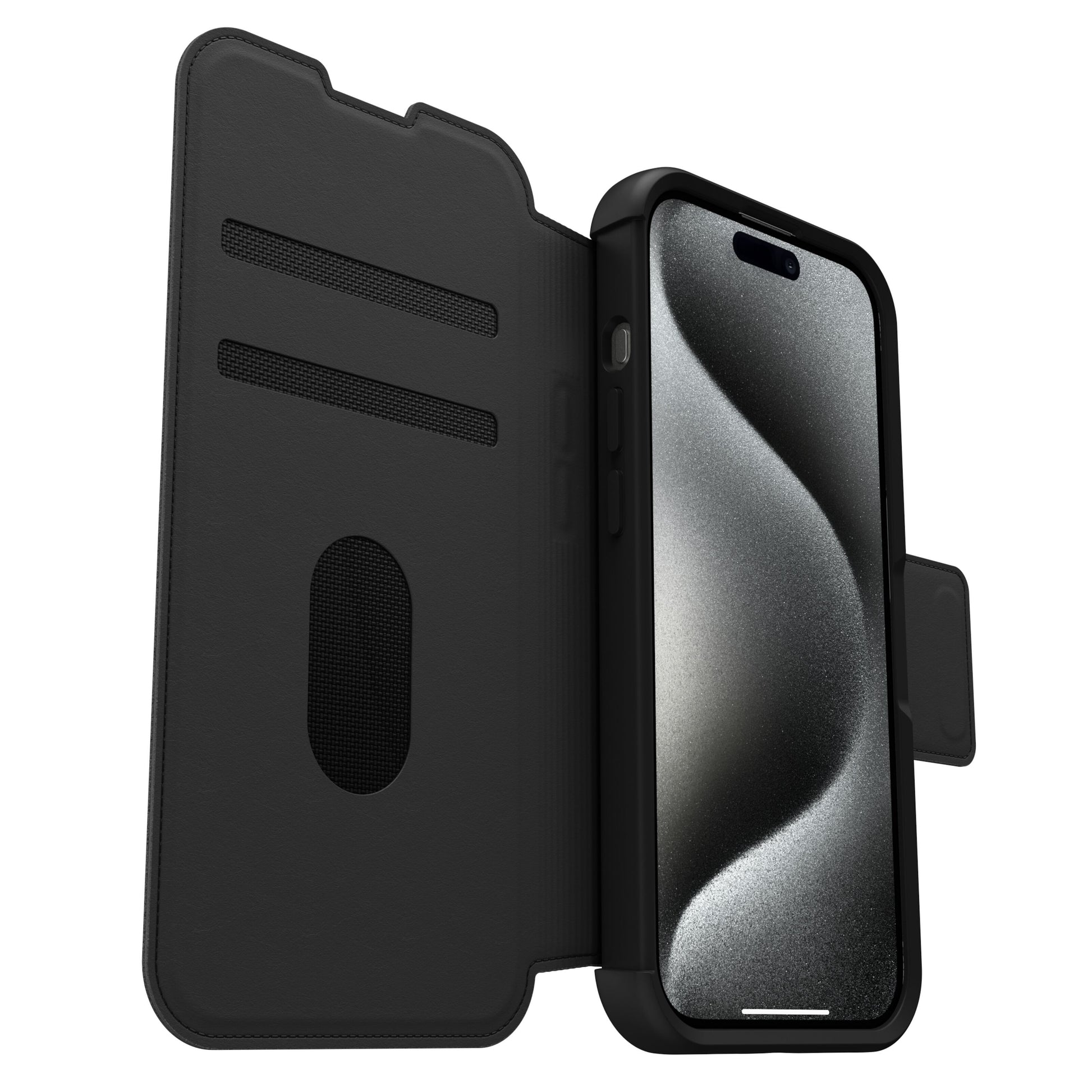 Sort Otterbox Strada med MagSafe til iPhone 15 Pro, to kortlommer, stor oval udskæring, sort-grå bølgemønster på skærmen.