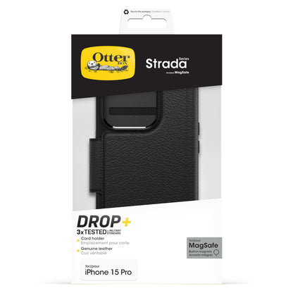 Otterbox Strada MagSafe cover til iPhone 15 Pro sort ægte læder med kortholder og DROP+ beskyttelse.