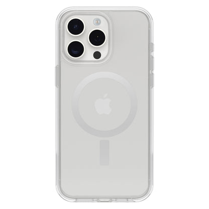 Otterbox Symmetry MagSafe cover til iPhone 15 Pro Max klar viser triple-kamera og Apple-logo gennem gennemsigtigt cover.