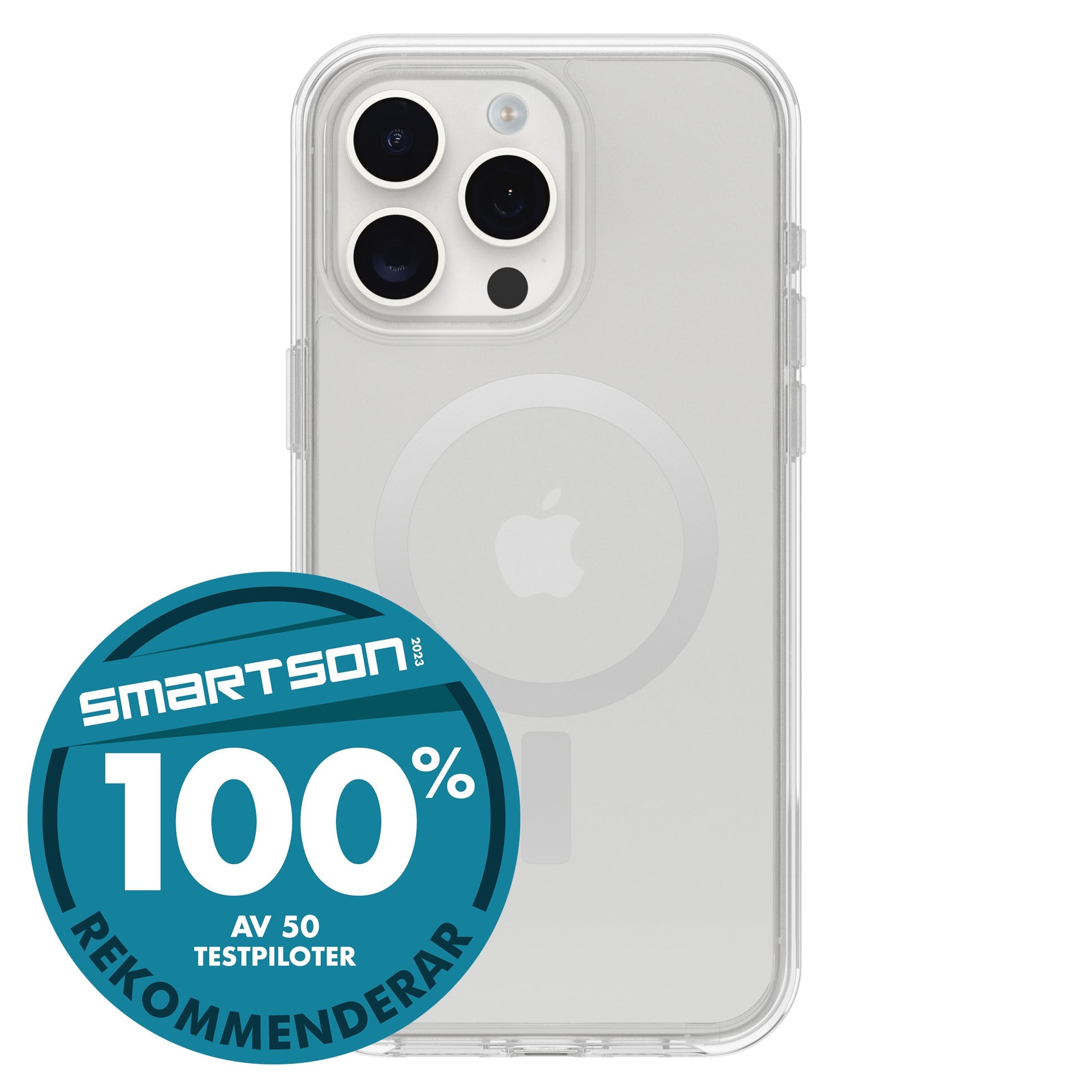 Otterbox Symmetry MagSafe gennemsigtigt cover til iPhone 15 Pro Max hvid, tre kameraer, Apple-logo synligt.