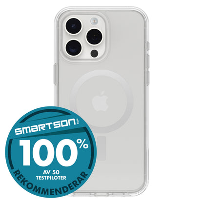 Otterbox Symmetry MagSafe gennemsigtigt cover til iPhone 15 Pro Max hvid, tre kameraer, Apple-logo synligt.