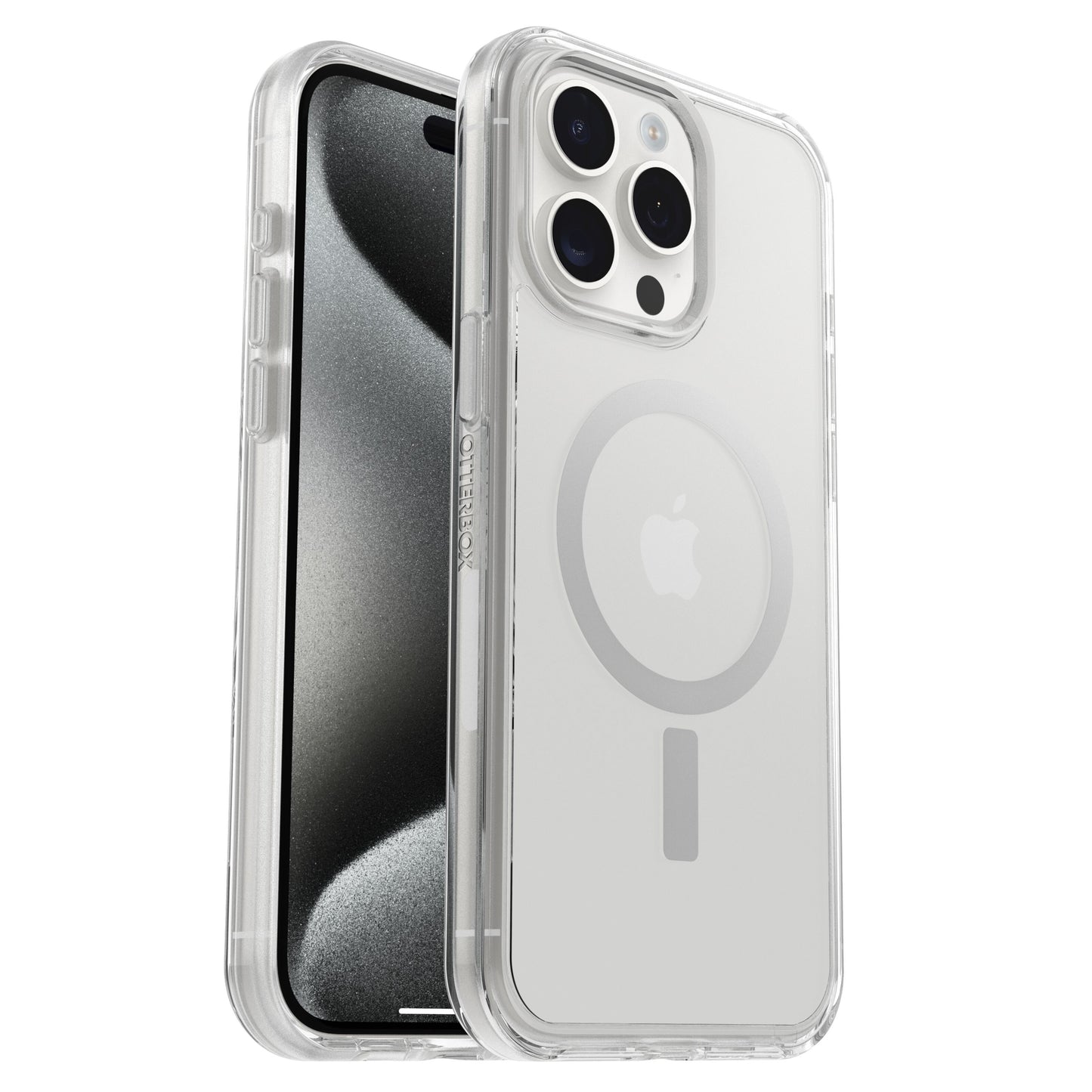 Otterbox Symmetry MagSafe cover til iPhone 15 Pro Max, klar med synligt Apple-logo, kameralinser og skærm.