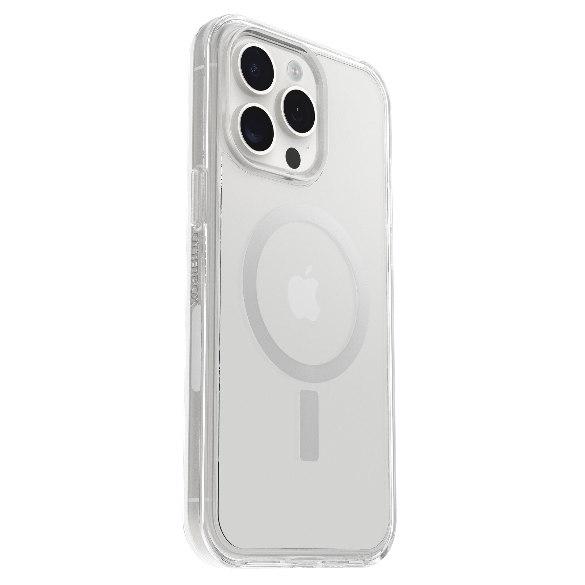 Otterbox Symmetry MagSafe cover til iPhone 15 Pro Max Klar, gennemsigtig med synligt Apple-logo, kamera og MagSafe-ring.