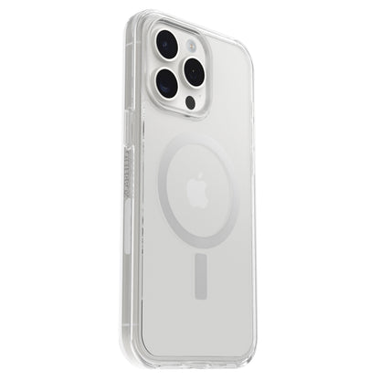 Otterbox Symmetry MagSafe cover til iPhone 15 Pro Max Klar, gennemsigtig med synligt Apple-logo, kamera og MagSafe-ring.