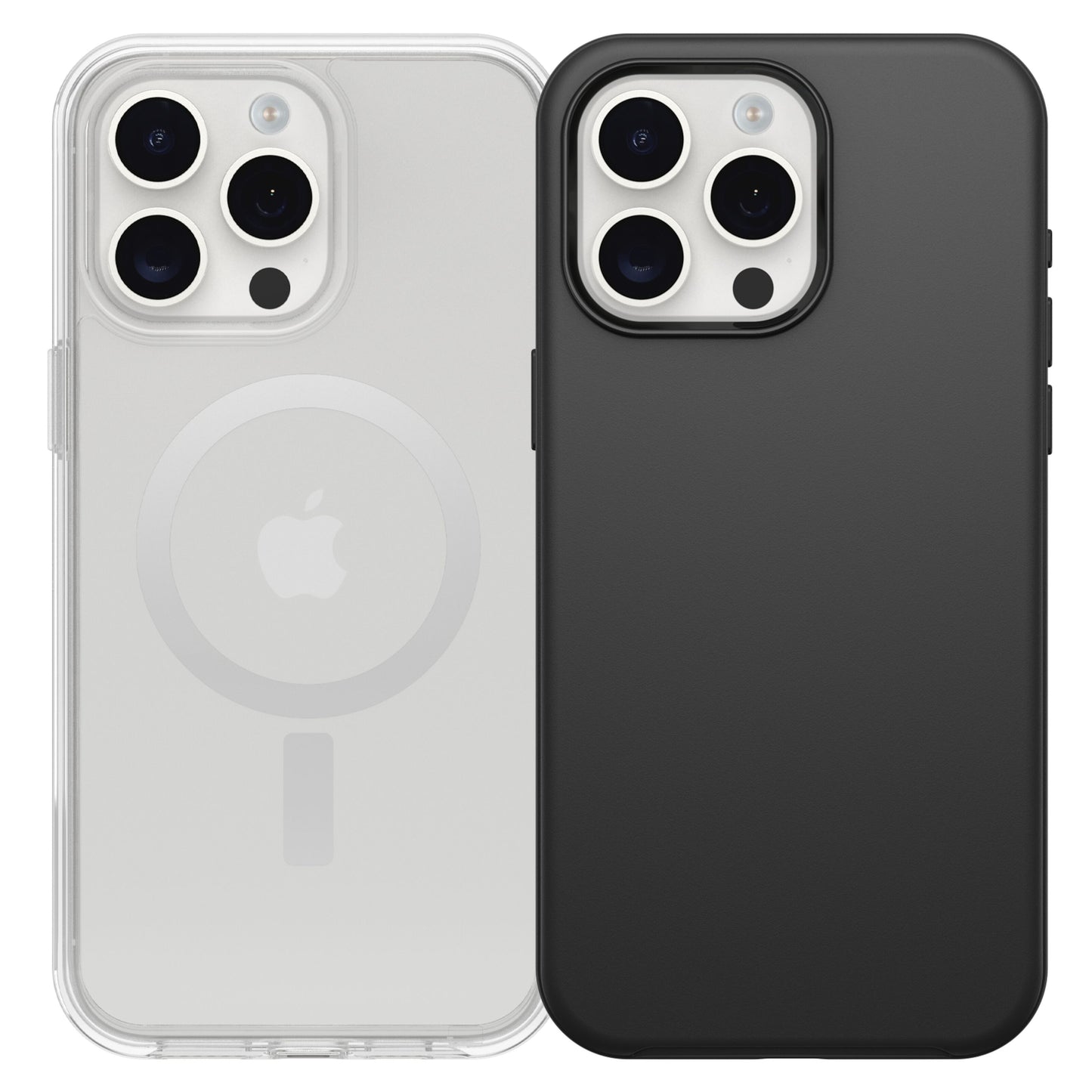 IPhone 15 Pro Max covers, gennemsigtig MagSafe med Apple-logo og ring, samt sort cover, begge med trippelt kamerahul.